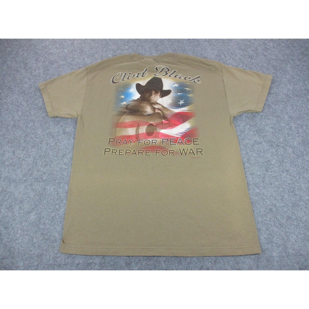 VINTAGE Clint Black Shirt Mens Large Brown Beige Peace War Patriotic‎ Tour USA